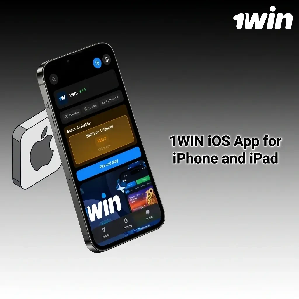 1win iOS app interface on iPhone and iPad showing sports betting, live casino, and slots features