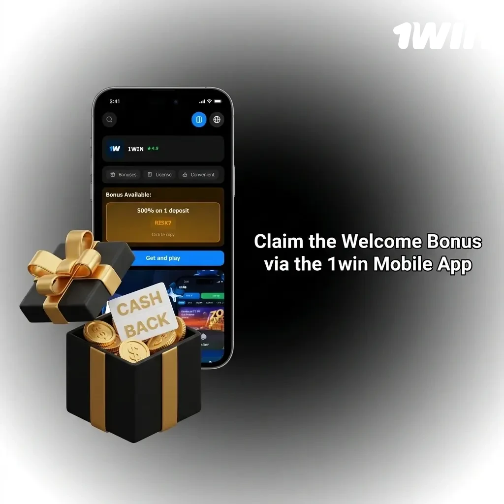 1win mobile app welcome bonus claim steps shown on iOS and Android devices with registration and deposit process