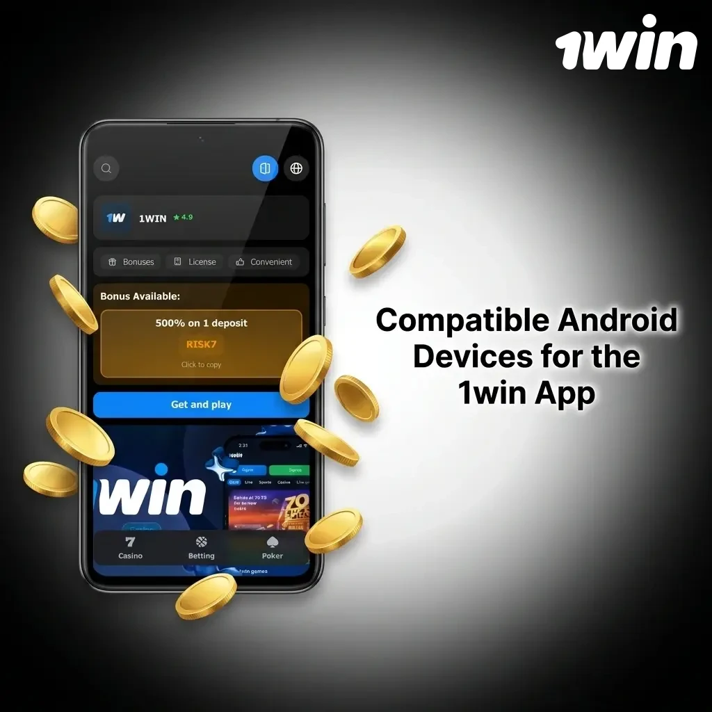 Compatible Android devices for the 1win app including Samsung Galaxy, Google Pixel, OnePlus, and Xiaomi models